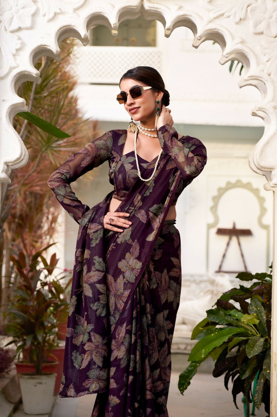 Vastranavya Wine Lurex Brasso Floral Printed Saree with Unstitched Blouse | Grocsy