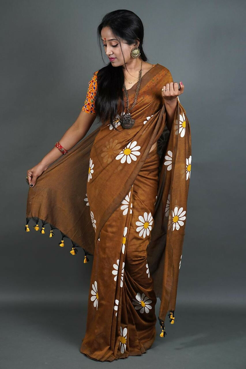 Exclusive Collection Brown Pure Cotton Saree With Sunflower Design | Grocsy