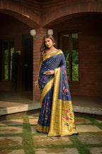 Jyoti Fashion Women's Navy Blue Paithani Silk Zari Woven Saree with Blouse | Grocsy