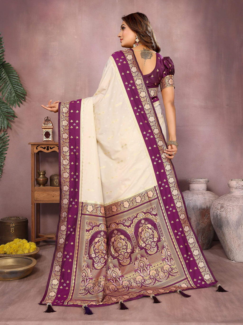 Aastha Fashion Cream Kalamkari Silk Zari Woven Saree | Grocsy