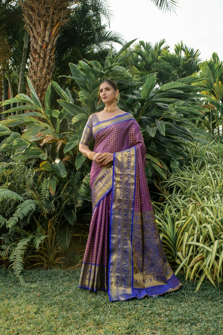 Jyoti Fashion Women's Purple Kanjivaram Silk Zari Woven Saree with Blouse | Grocsy