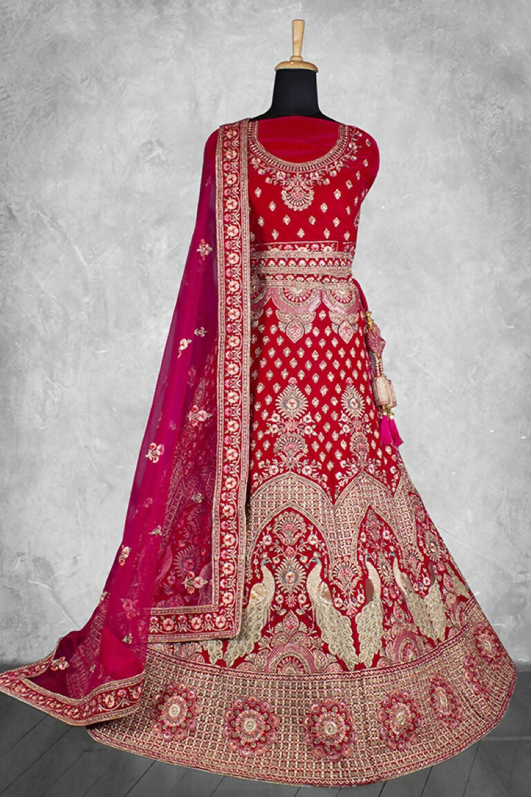 Red Velvet Hand Work Semi Stitched Lehenga Choli with Dupatta - Nimaya Lagnotsav | Grocsy