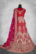 Red Velvet Hand Work Semi Stitched Lehenga Choli with Dupatta - Nimaya Lagnotsav | Grocsy