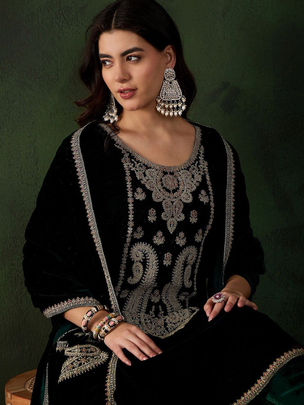 Sangria Floral Embroidered Straight Kurta & Trousers With Dupatta | Grocsy