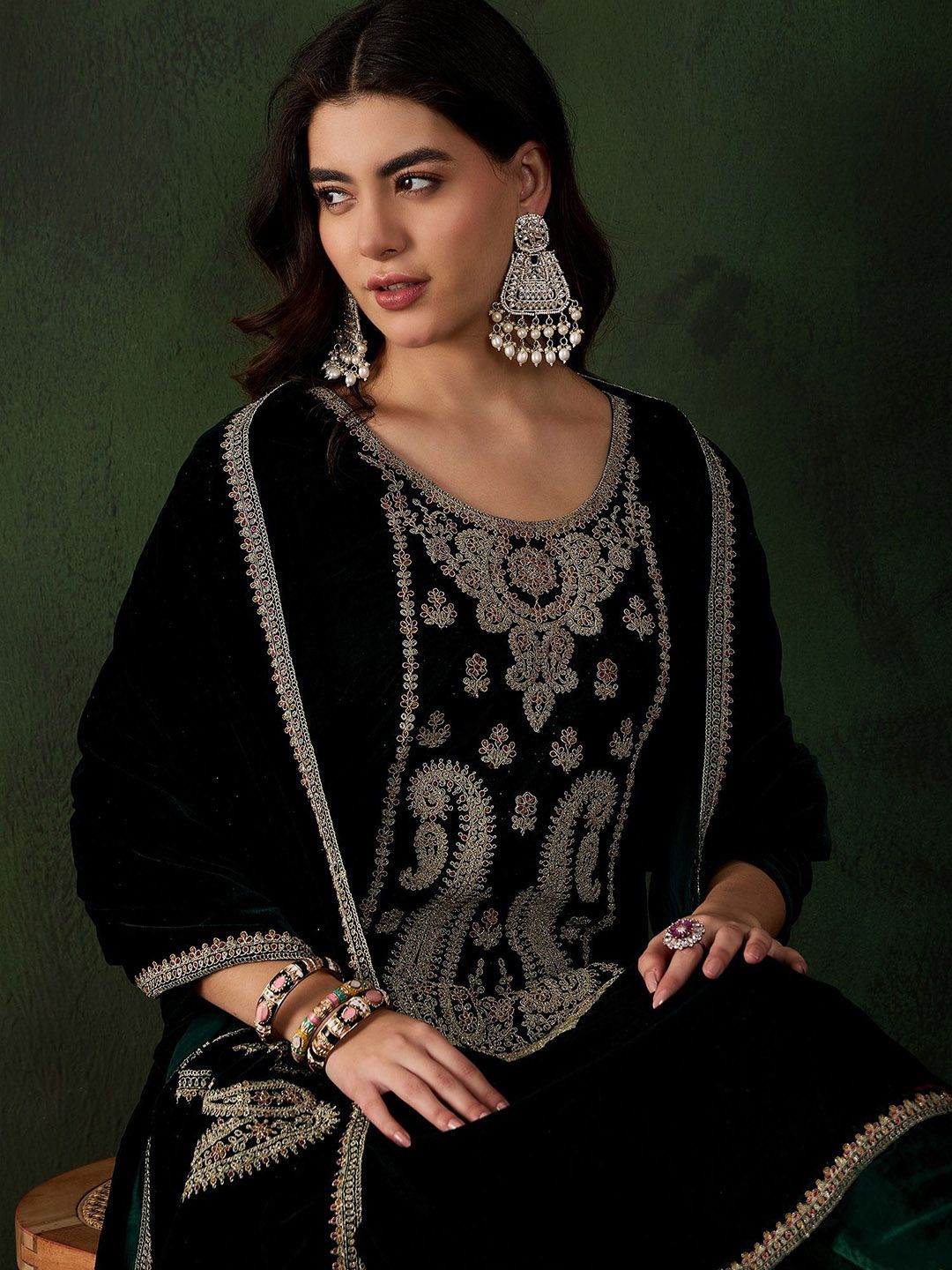 Sangria Floral Embroidered Straight Kurta & Trousers With Dupatta | Grocsy