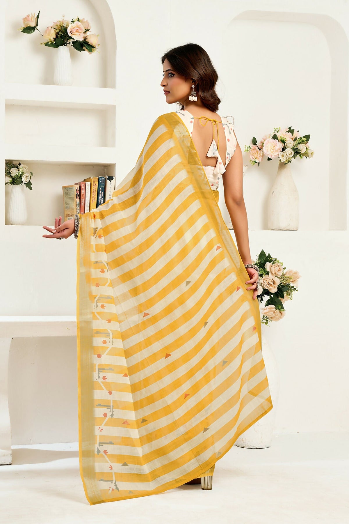 Vastranavya Yellow White Digital Printed Linen Ready To Wear Designer Saree with Unstitched Blouse | Grocsy