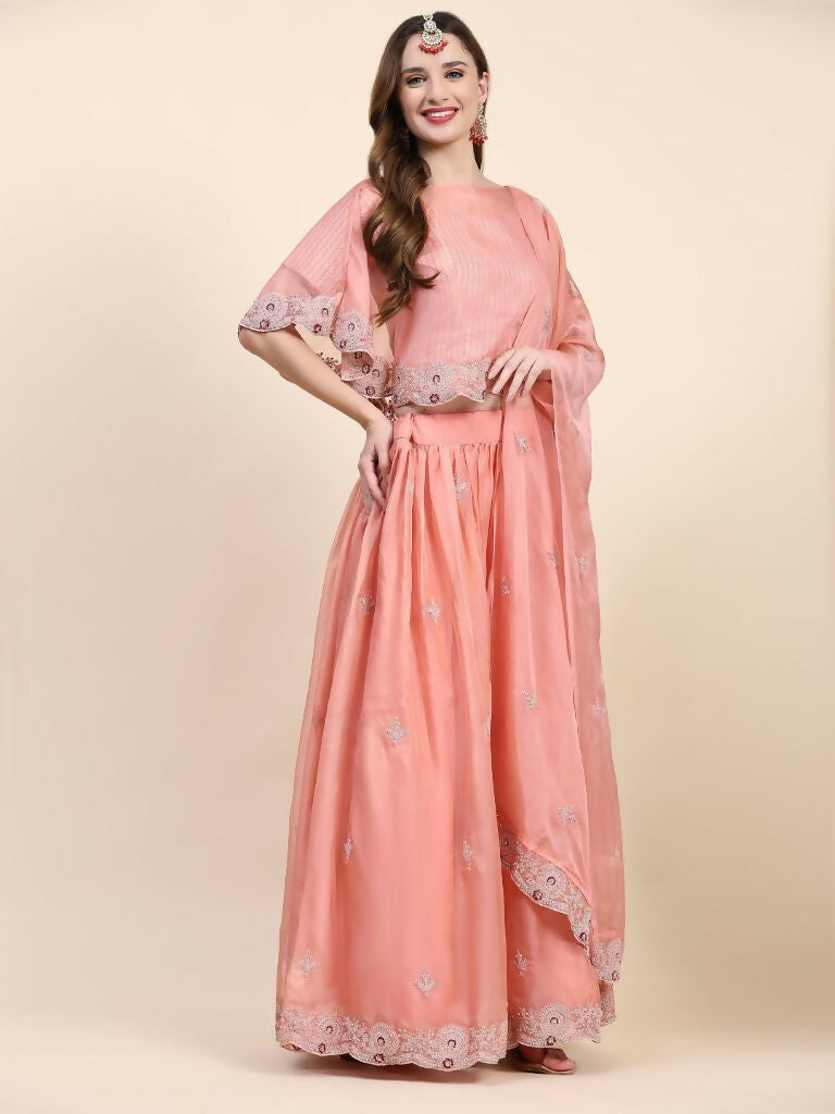 Peach Silk Embroidered Poncho Pattern Top & Lehenga with Dupatta - Tanya | Grocsy