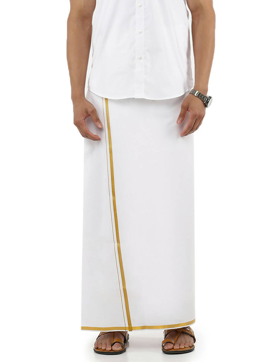 Ramraj Cotton Mens Poly Cotton 1/2" Gold Jari Dhoti - White | Grocsy