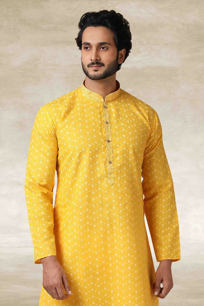 Raivat Ethnic Cotton Printed Work Kurta Pajama In Yellow Colour | Grocsy