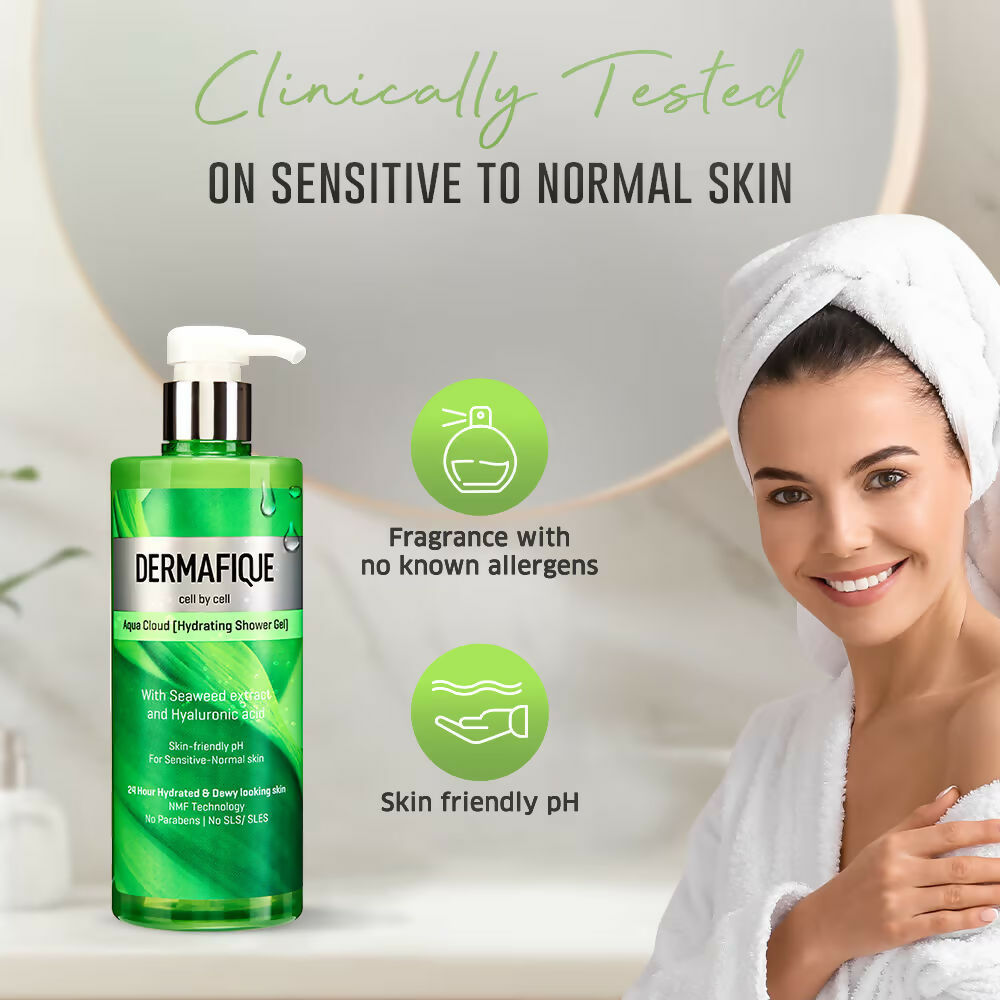 Dermafique Aqua Cloud Hydrating Shower Gel - Hyaluronic Acid, 24 hrs Hydration & Dewy-looking Skin | Grocsy