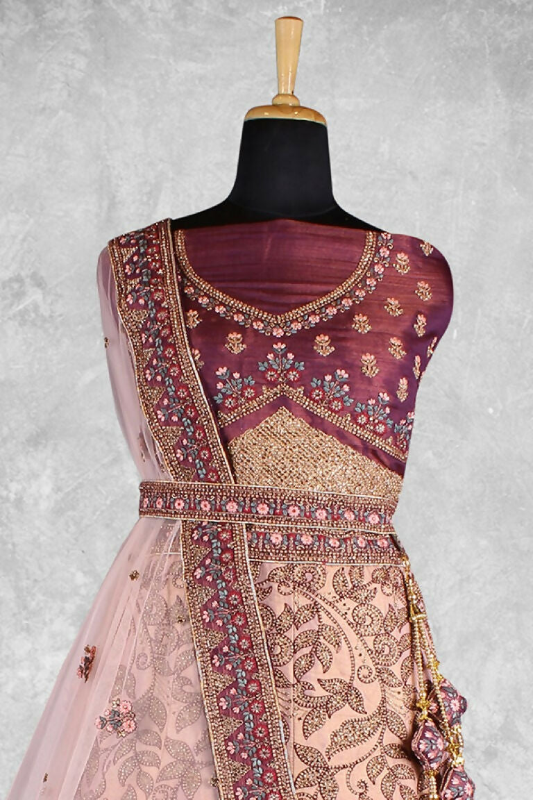 Maroon & Beige Velvet Hand Work Semi Stitched Lehenga Choli with Dupatta - Nimaya Lagnotsav | Grocsy