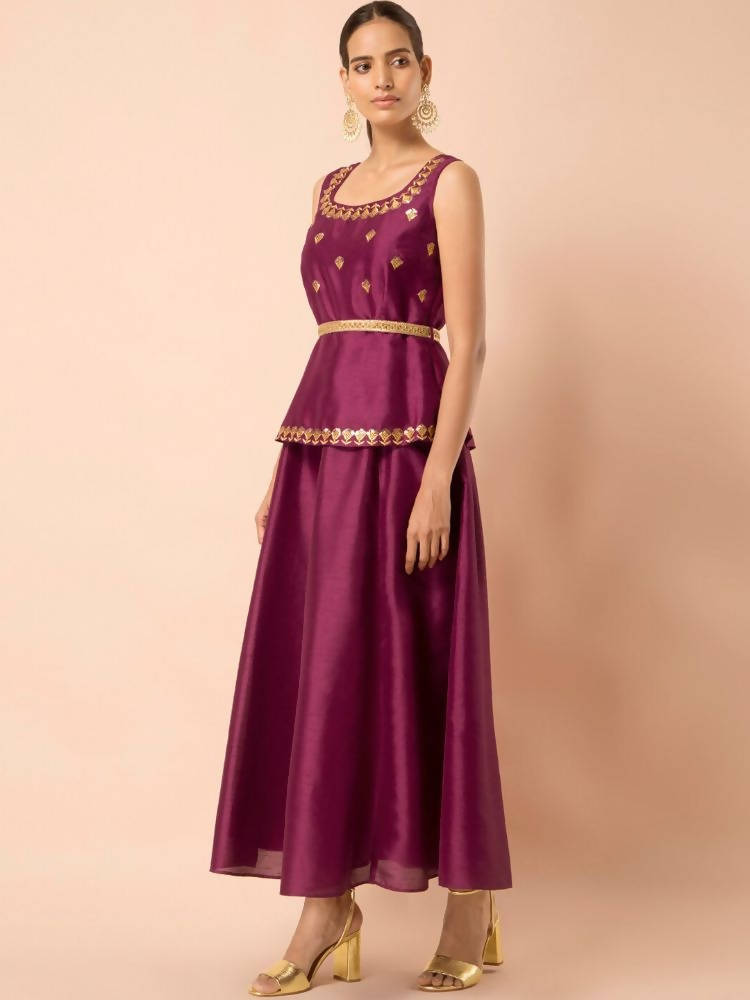 Indya Women Wine-Colored Embroidered Belted Peplum Layered Kurta | Grocsy