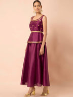 Indya Women Wine-Colored Embroidered Belted Peplum Layered Kurta | Grocsy