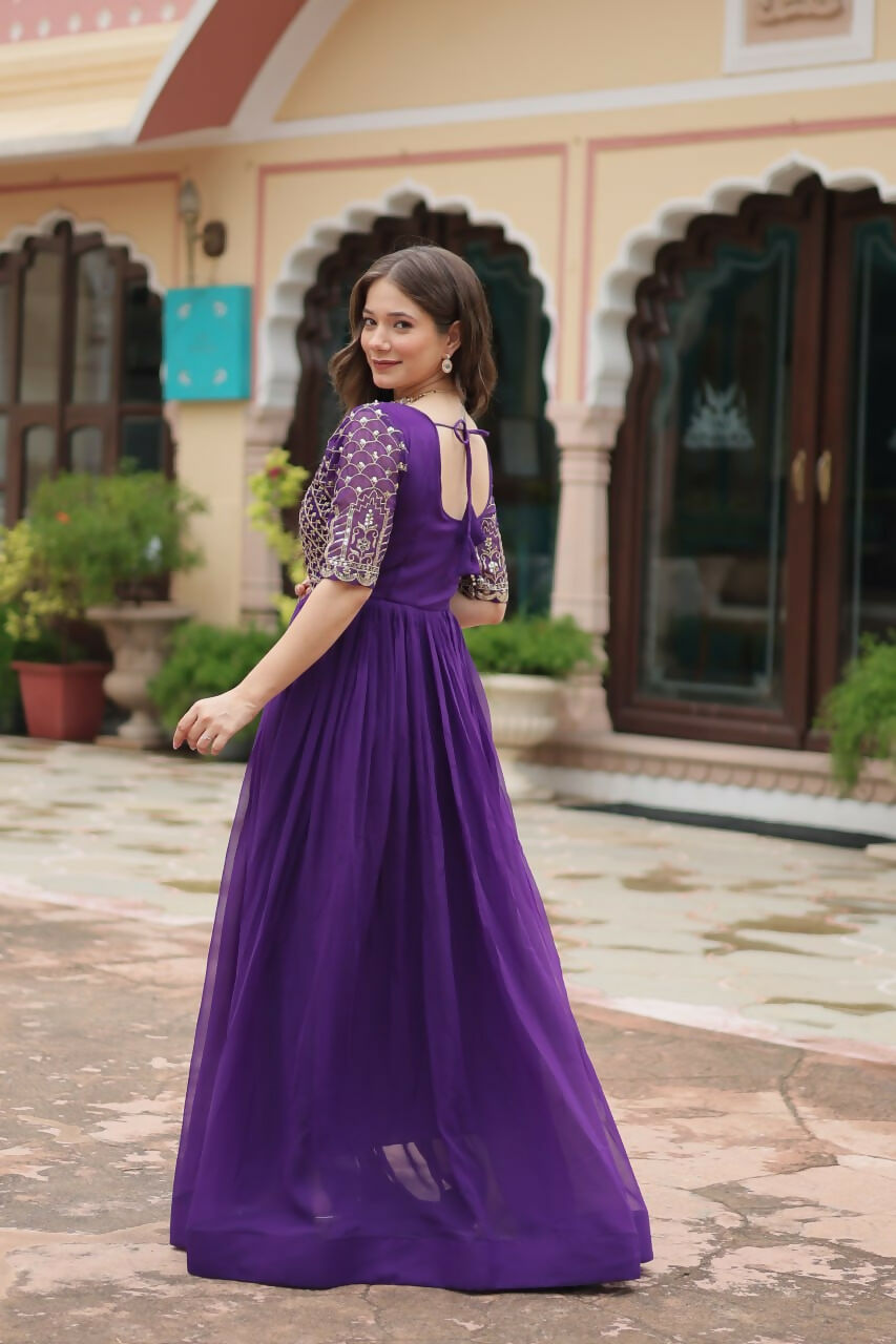 Vastranavya Faux Blooming with Embroidery Zari Sequins-work Gown - Purple | Grocsy
