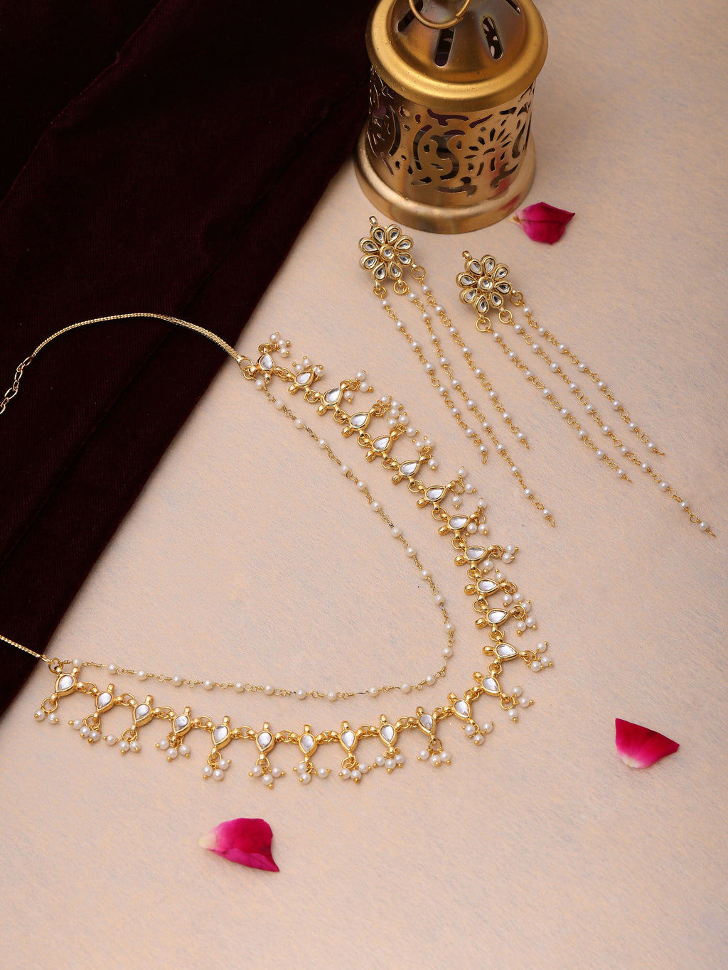 Ruby Raang Gold Kundan Necklace with Dangler Earrings | Grocsy