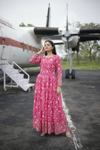 Aayaa Printed Faux Georgette with Embroidery Zari Sequins work Gown - Red Pink | Grocsy