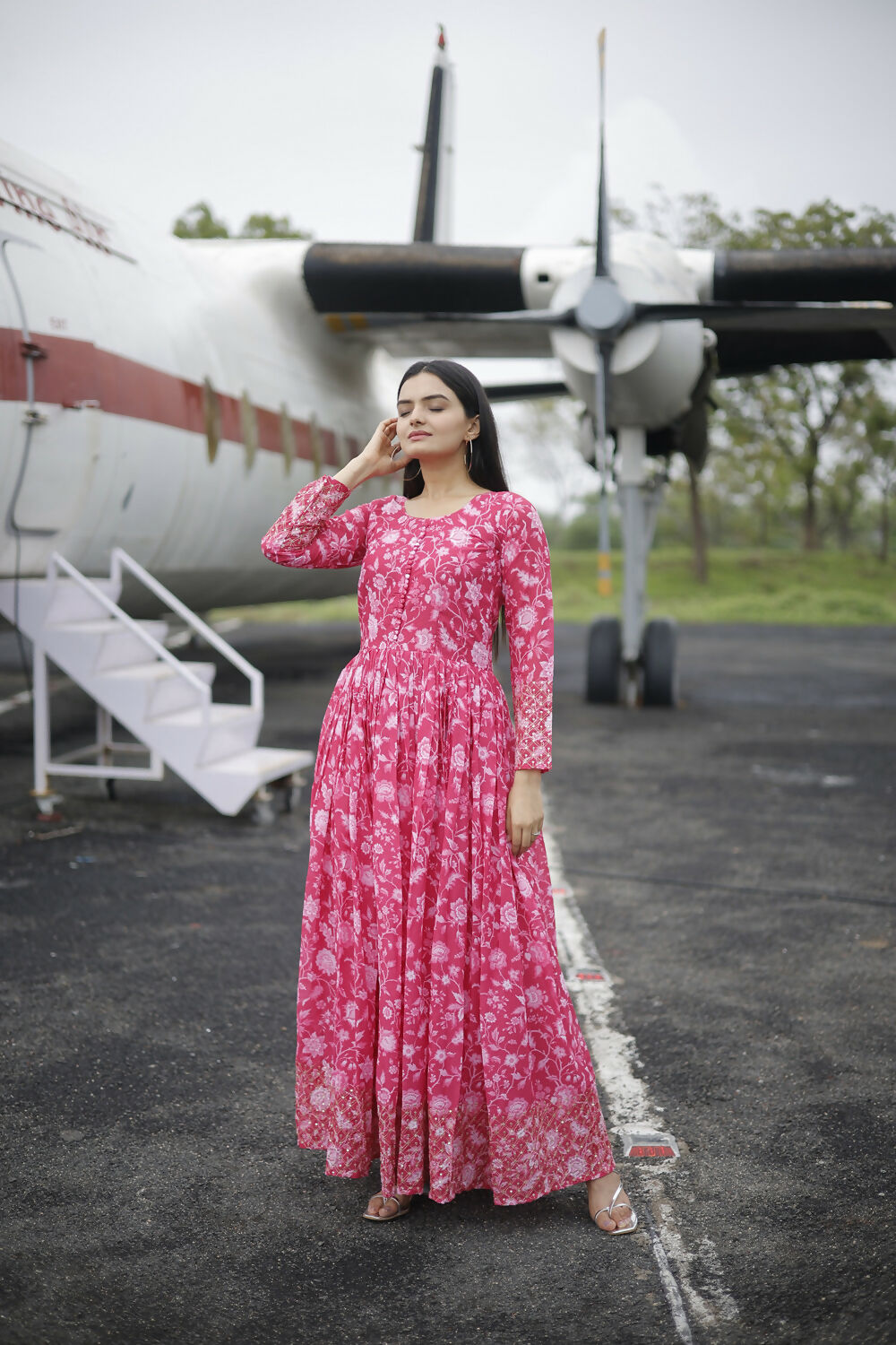Aayaa Printed Faux Georgette with Embroidery Zari Sequins work Gown - Red Pink | Grocsy