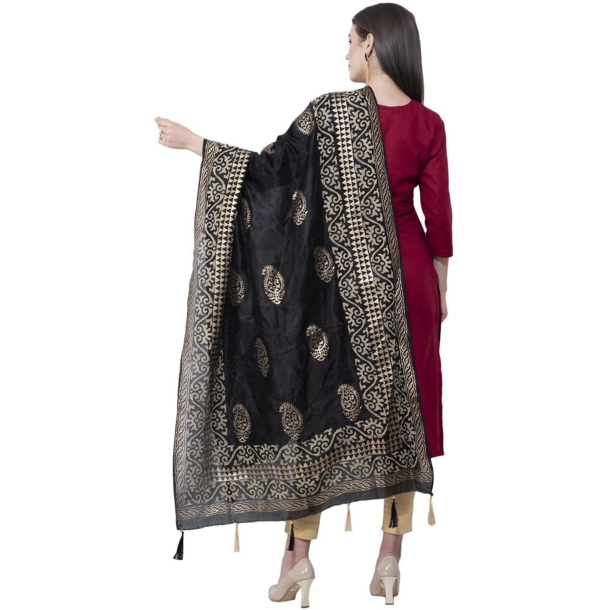 A R Silk Women's Gold Print Silk Black Dupattas and Chunnis | Grocsy