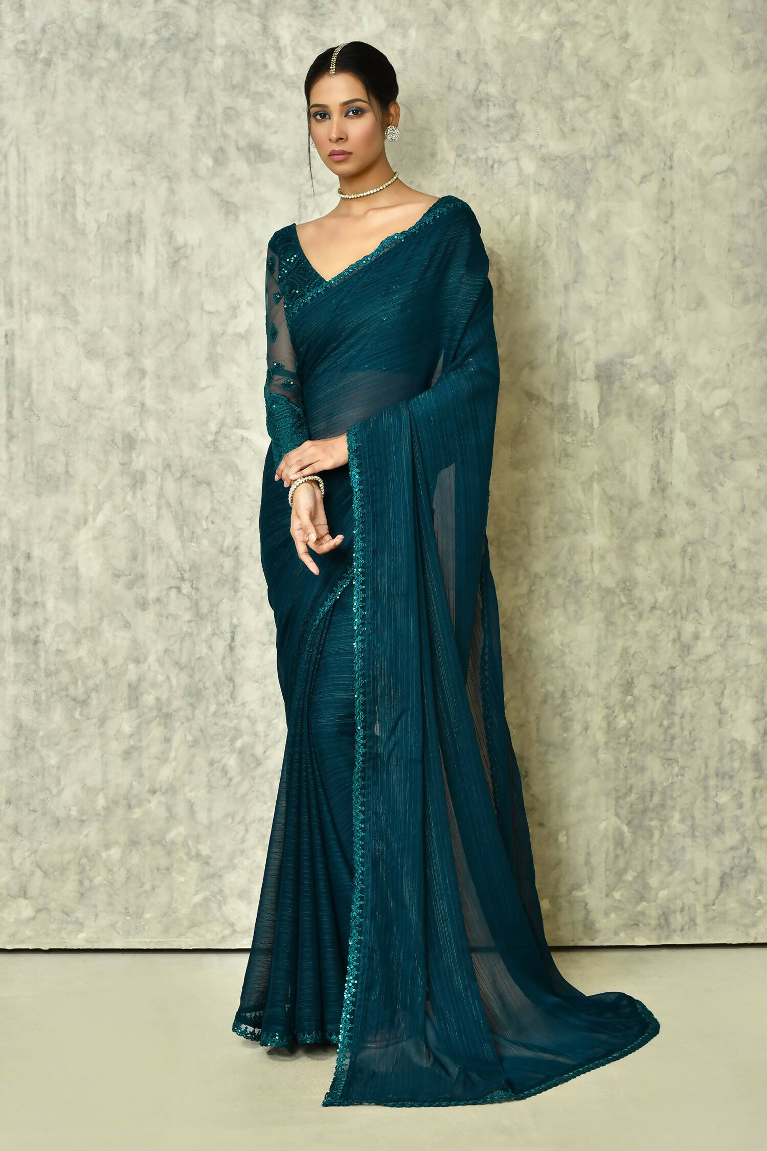 Teal Silk Solid Saree With Blouse Piece - Purvi | Grocsy