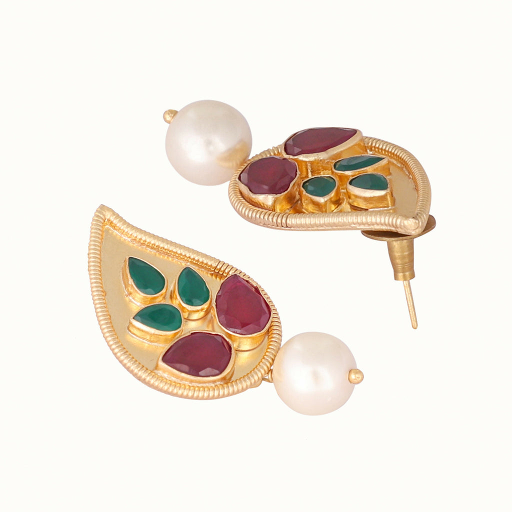Nuyug 22K Gold Plated Ruby Stone Studded Contemporary Petal Shaped Pearl Drop Stud Earrings | Grocsy