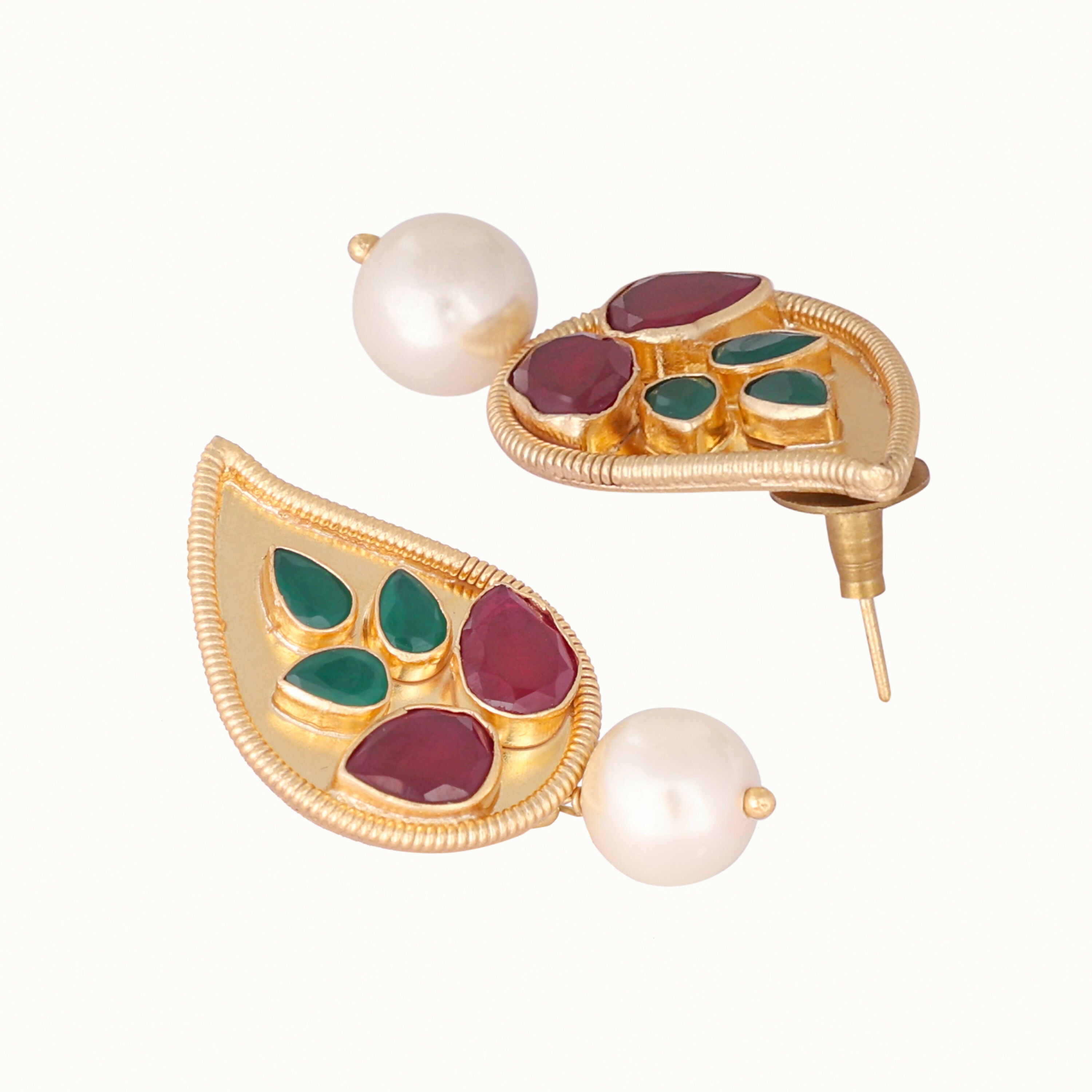 Nuyug 22K Gold Plated Ruby Stone Studded Contemporary Petal Shaped Pearl Drop Stud Earrings | Grocsy