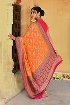 Joban Fashion Orange Crepe Chiffon Pure Handloom Banarasi Silk Saree | Grocsy