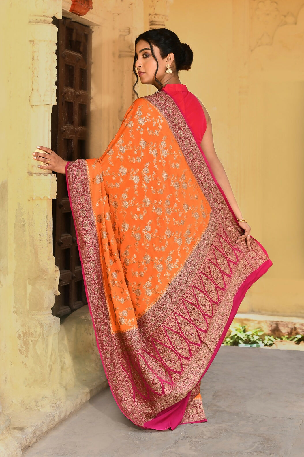 Joban Fashion Orange Crepe Chiffon Pure Handloom Banarasi Silk Saree | Grocsy
