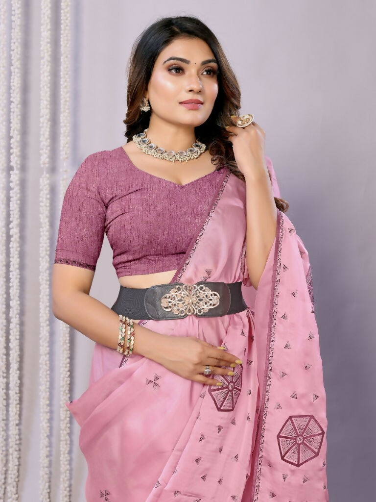 Pink Zari Organza Stone Work All Over Saree - Norita Saumya | Grocsy