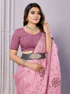 Pink Zari Organza Stone Work All Over Saree - Norita Saumya | Grocsy