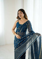 PR Fashion Morpich Georgette Patta Plain With Foil Work And Small Lace And Zalar Lace Saree | Grocsy