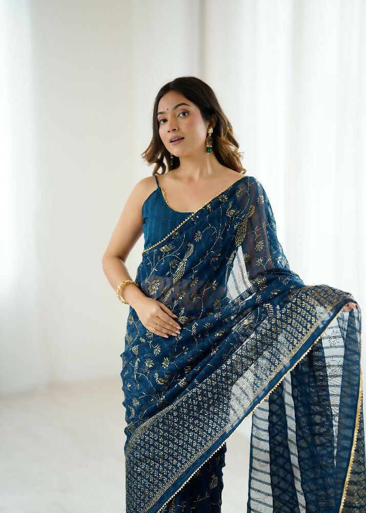 PR Fashion Morpich Georgette Patta Plain With Foil Work And Small Lace And Zalar Lace Saree | Grocsy