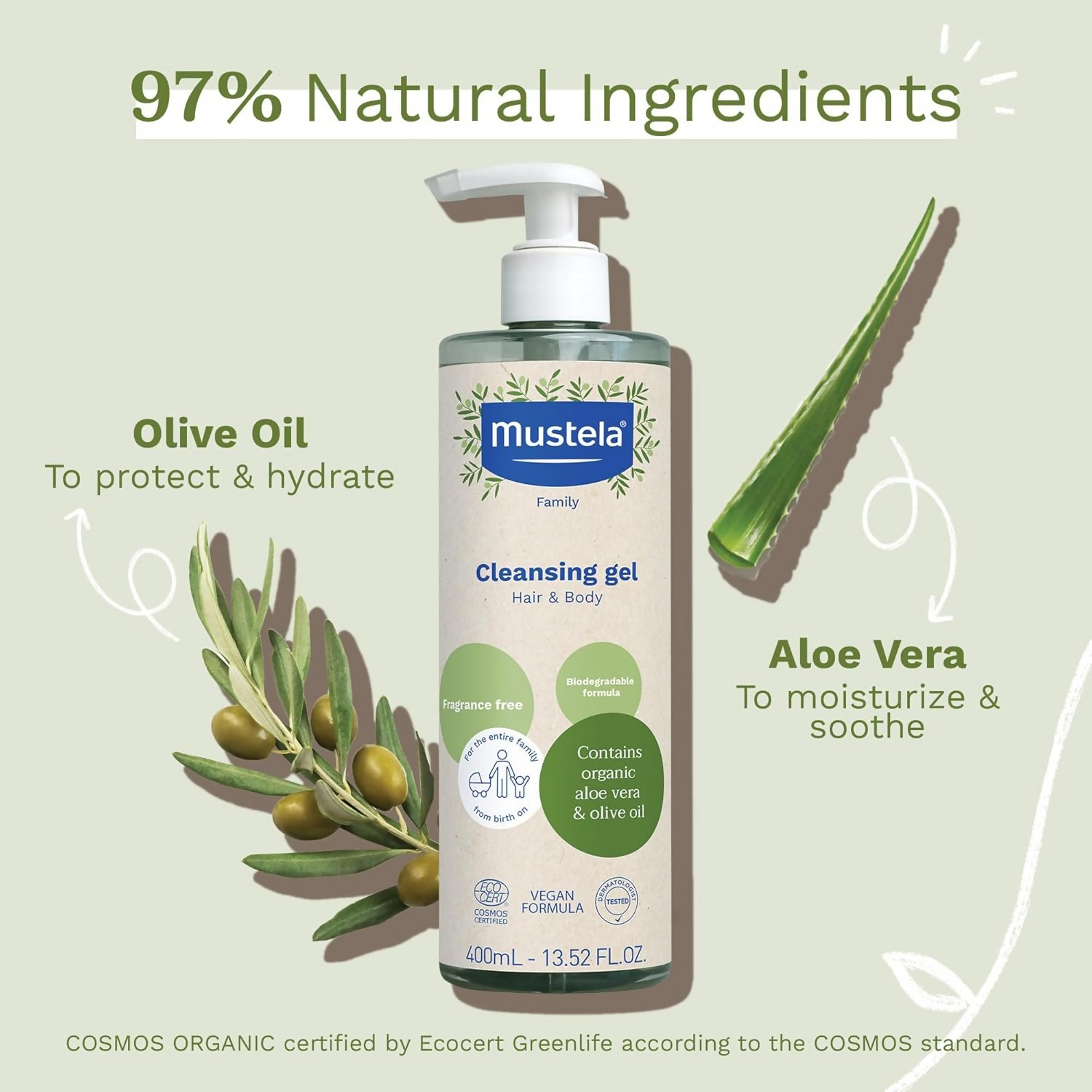 Mustela Certified Organic Cleansing Gel For Hair & Body Wash With Olive Oil & Aloe Vera | Grocsy