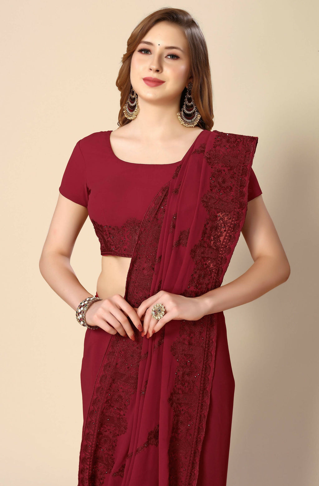 Maroon Georgette Embroidered and Stone Work Saree with Unstitched Blouse Piece - Roozal | Grocsy