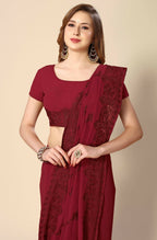 Maroon Georgette Embroidered and Stone Work Saree with Unstitched Blouse Piece - Roozal | Grocsy