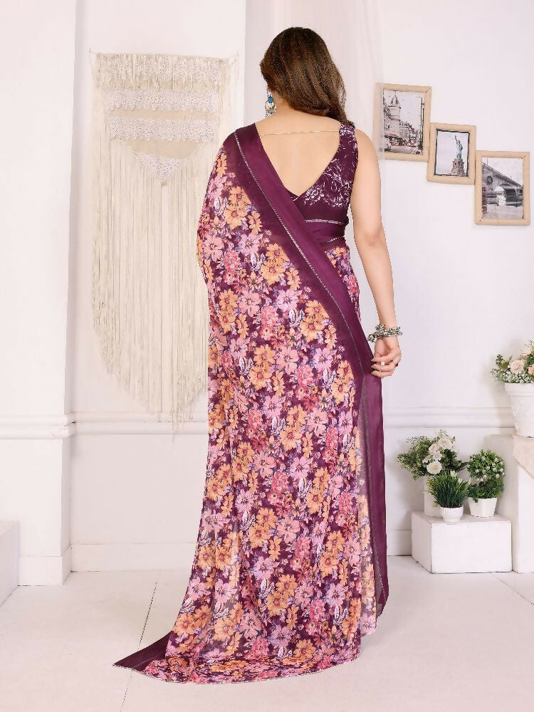 PR Fashion Purple Bright Moss Satin Patta Printed Saree | Grocsy
