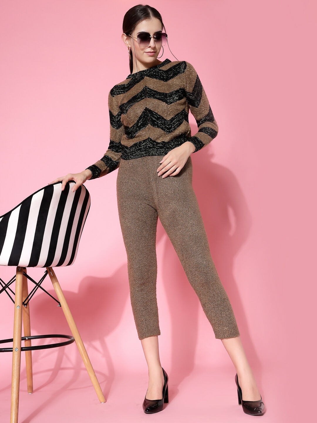 Women Black Acrylic Stripe & Solid Winter Co-Ord Set - Wool Trees | Grocsy