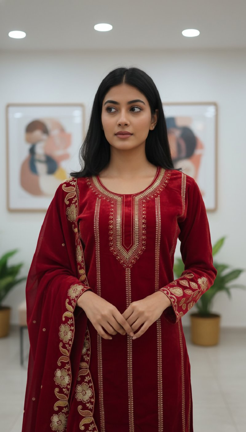 Joban Fashion Red Kurta Set Velvet Embroidery Sequence Work | Grocsy