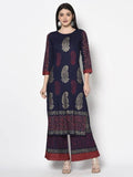 Aniyah Rayon Navy Blue Color Block Print Straight Kurta Palazzo Set (AN-179K) | Grocsy