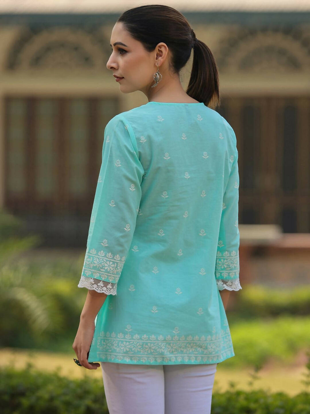 Juniper Women's Aqua Cambric Floral Printed Tunic | Grocsy