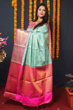 Jyoti Fashion Women's Sky Blue Kanjivaram Silk Zari Woven Saree with Blouse | Grocsy