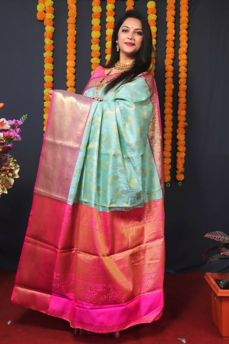 Jyoti Fashion Women's Sky Blue Kanjivaram Silk Zari Woven Saree with Blouse | Grocsy