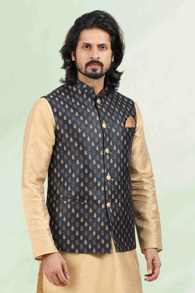 Raivat Ethnic Jacquard Banarasi Silk Woven Work 3 Pics Jacket Set In Blue Colour | Grocsy