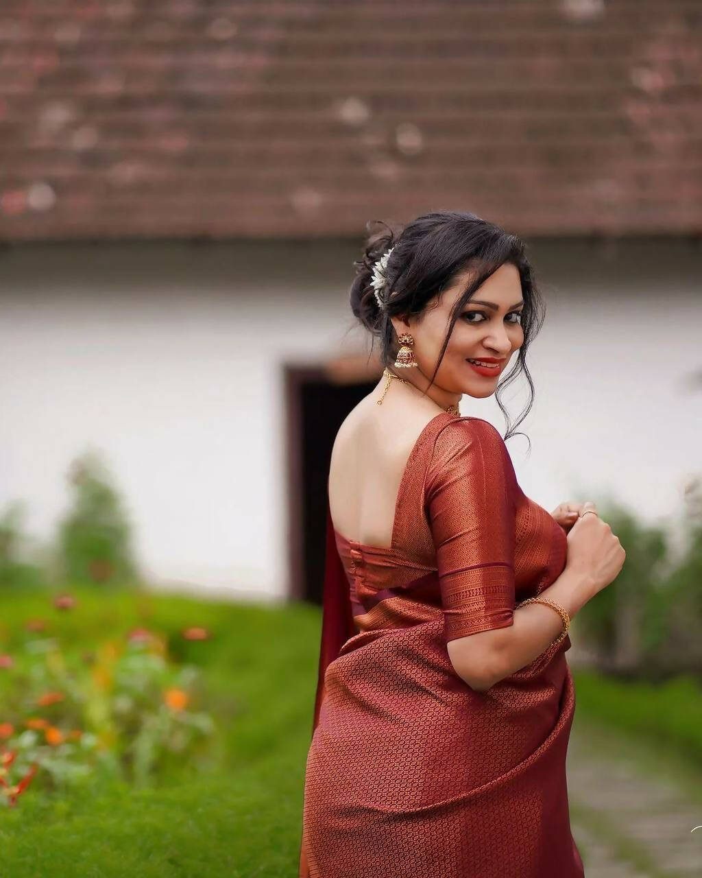DEIANA'S Beautiful Designer Golden zari Soft Lichi Silk Saree - Maroon | Grocsy