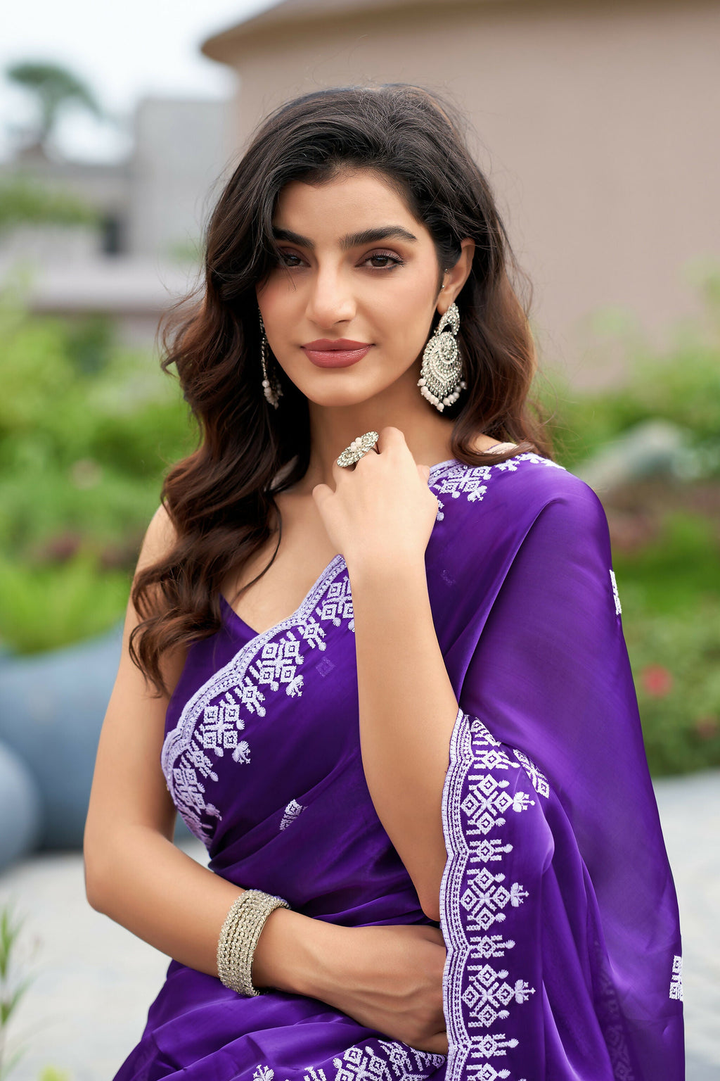 Vastranavya Purple-Blue Embroidery Work Shimmer Chiffon Saree with Unstitched Blouse | Grocsy