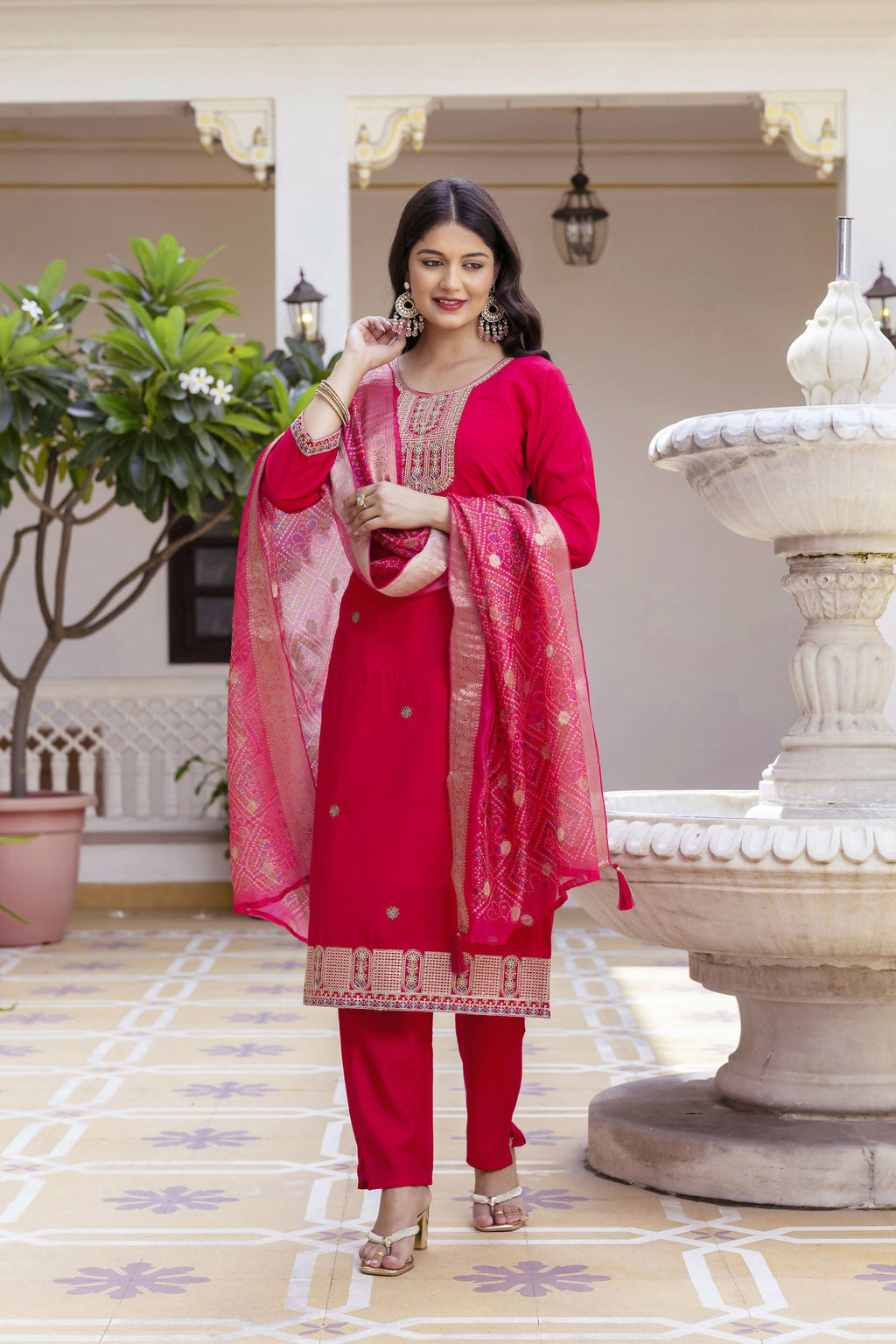 The52 Women's Beautiful Embroidery Work Viscose Chanderi Fabric Straight Kurta Pant and Dupatta Set-Red | Grocsy