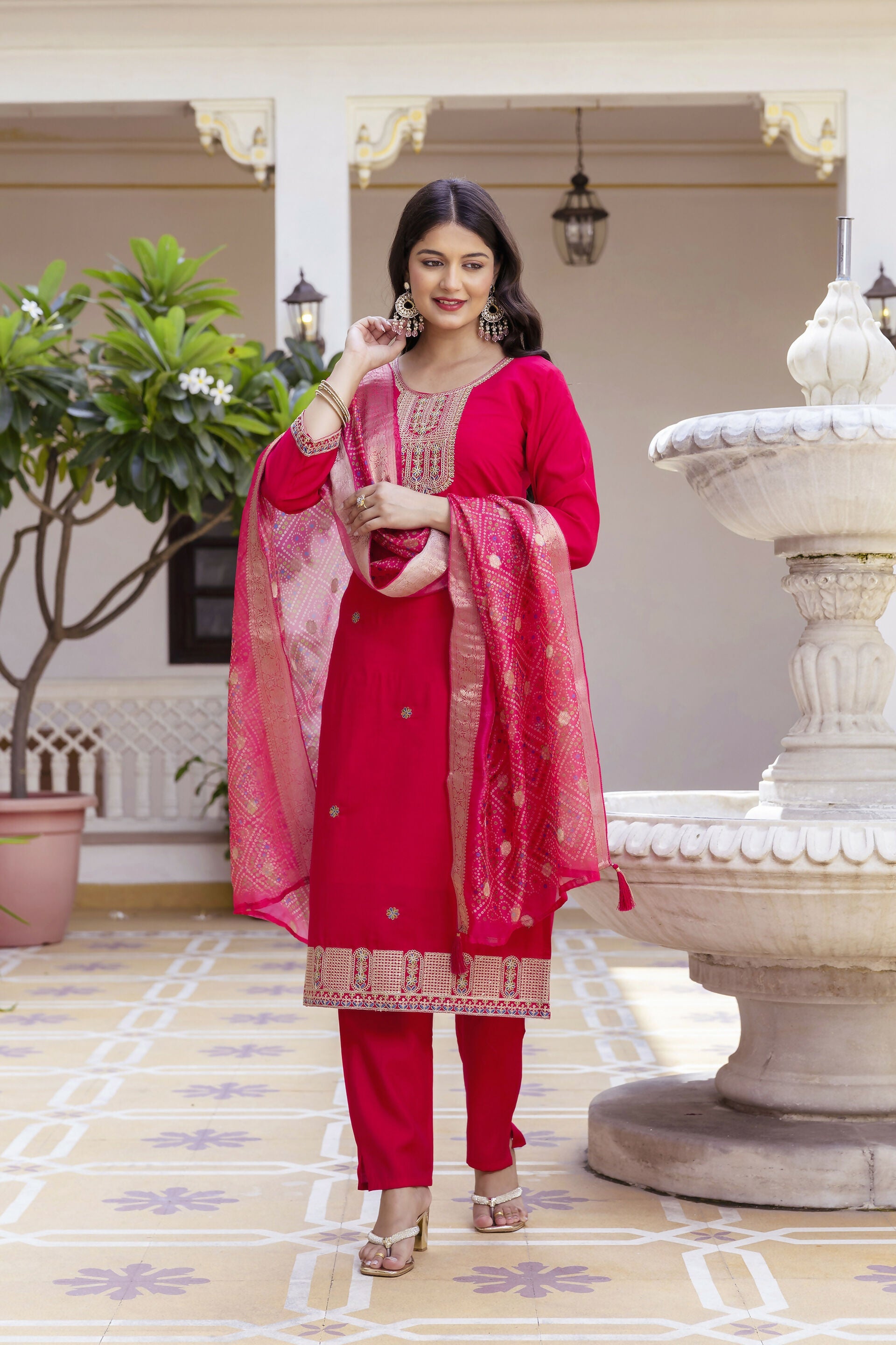 The52 Women's Beautiful Embroidery Work Viscose Chanderi Fabric Straight Kurta Pant and Dupatta Set-Red | Grocsy