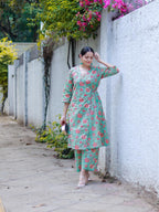 trueBrowns Seafoam Green Overall Floral Block Print Cotton Angrakha Pant Set | Grocsy