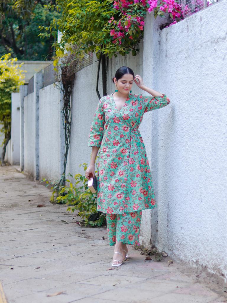 trueBrowns Seafoam Green Overall Floral Block Print Cotton Angrakha Pant Set | Grocsy