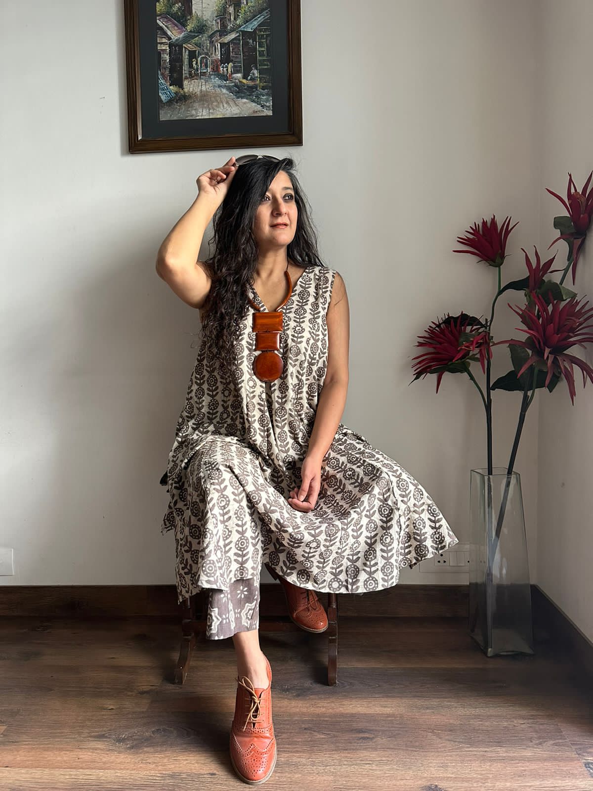 trueBrowns Clay Dabu Buta Print Cotton Sleeveless Flared Kurta Pant Set | Grocsy