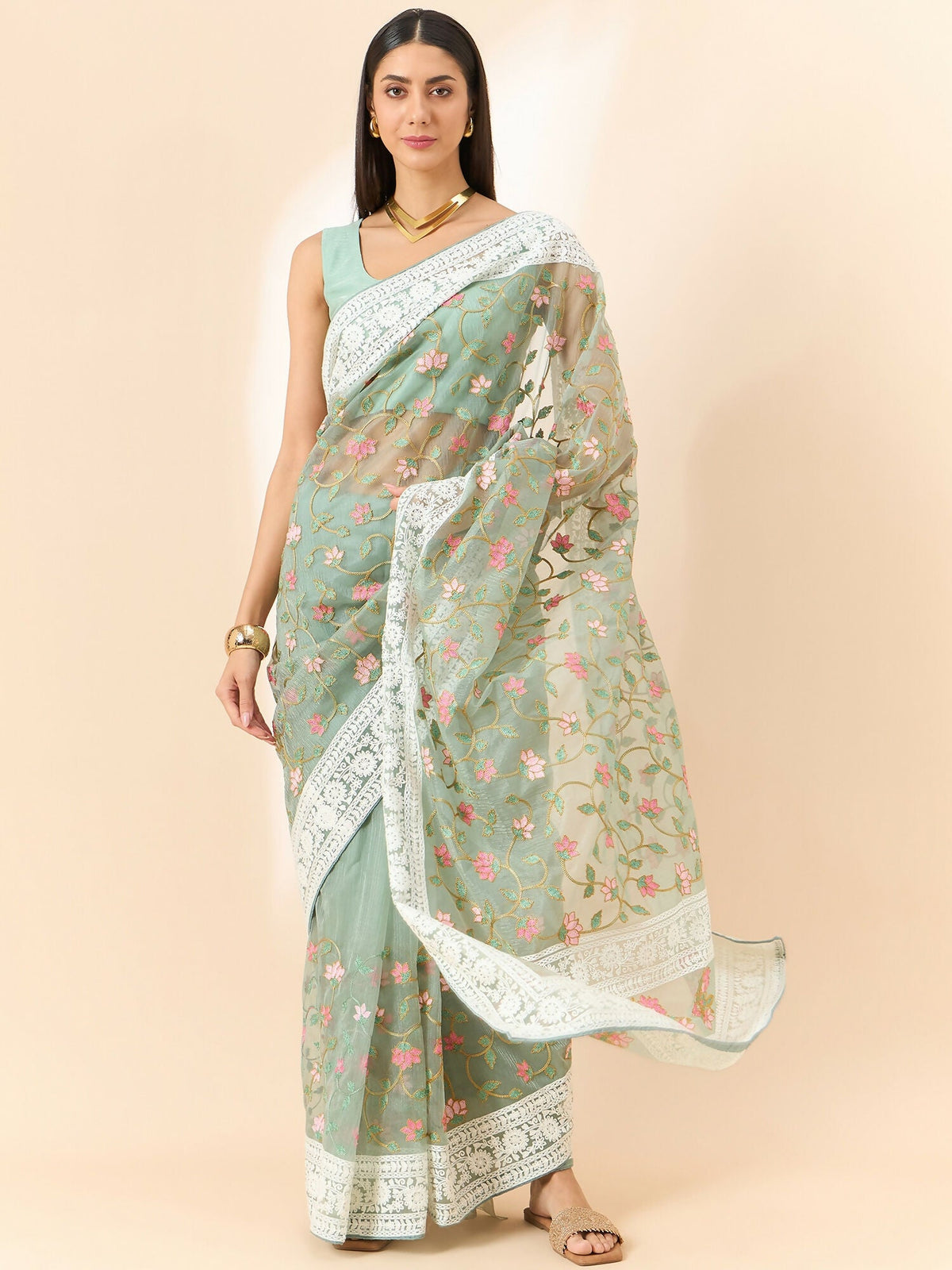 Green Organza Floral Embroidered Saree with Unstitched Blouse Piece - Roozal | Grocsy